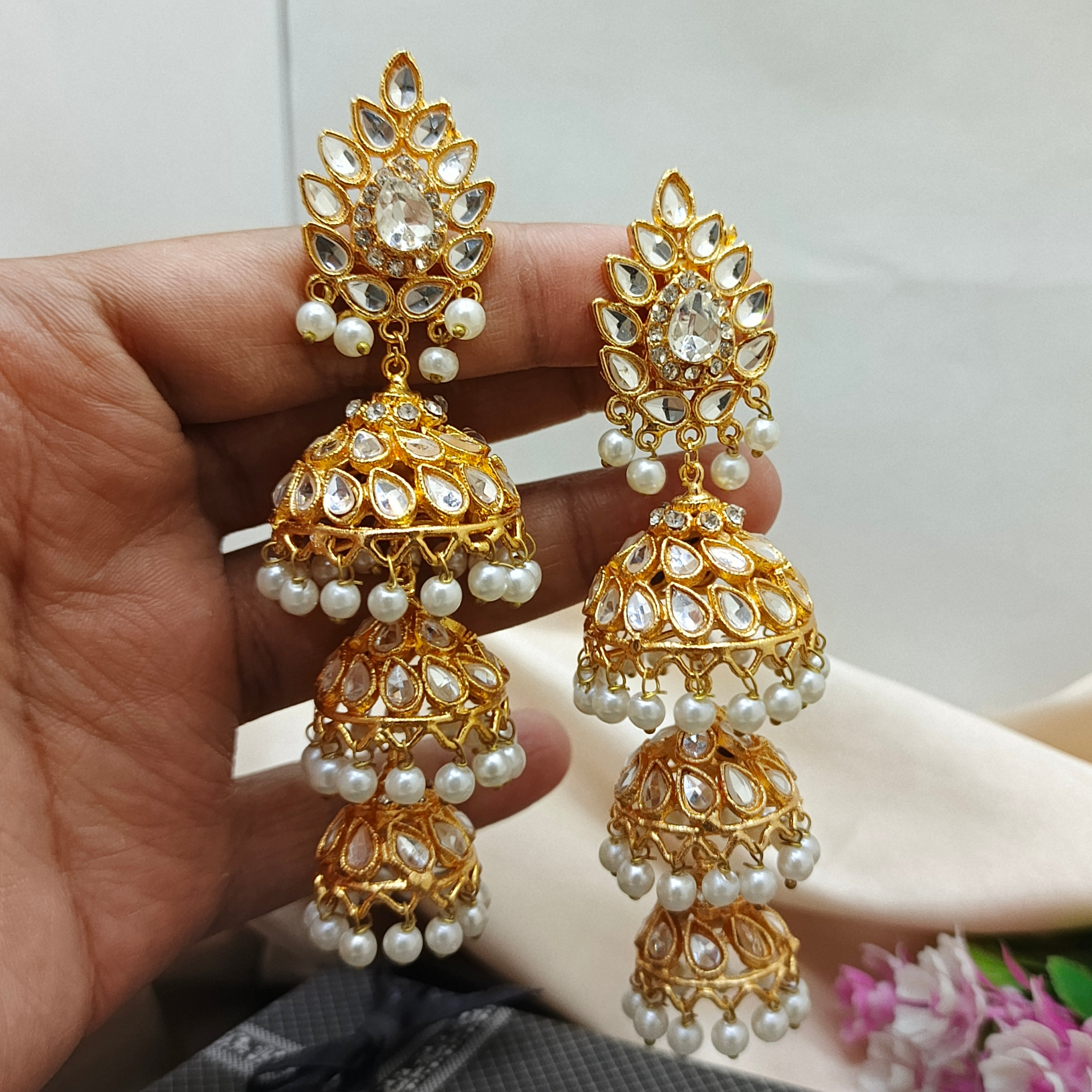 3 step Kundan Jhumka