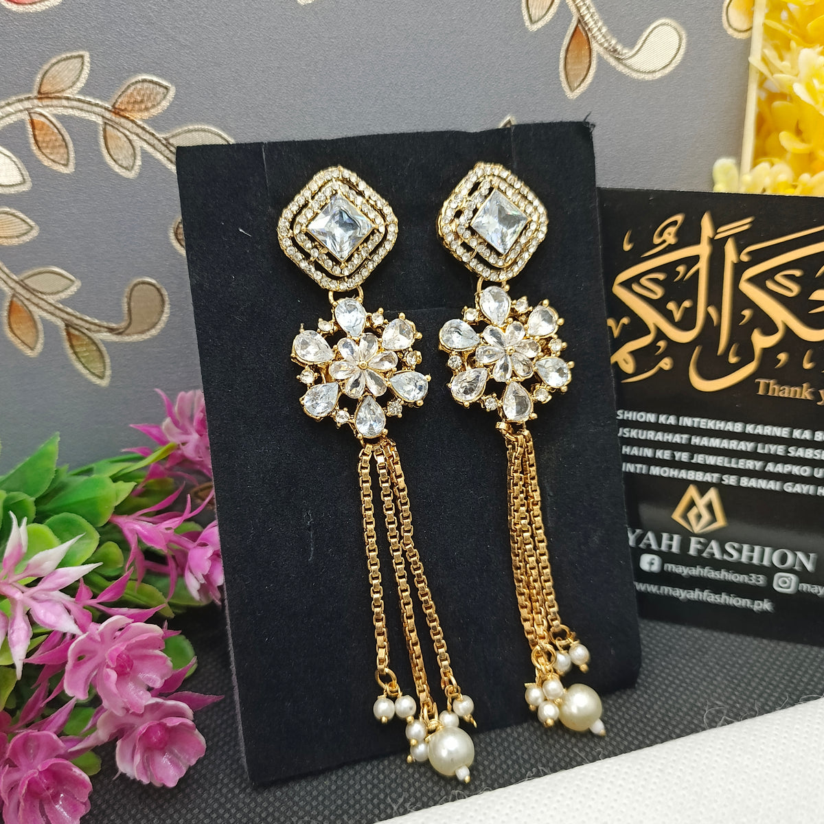 Zircon flower Long earrings